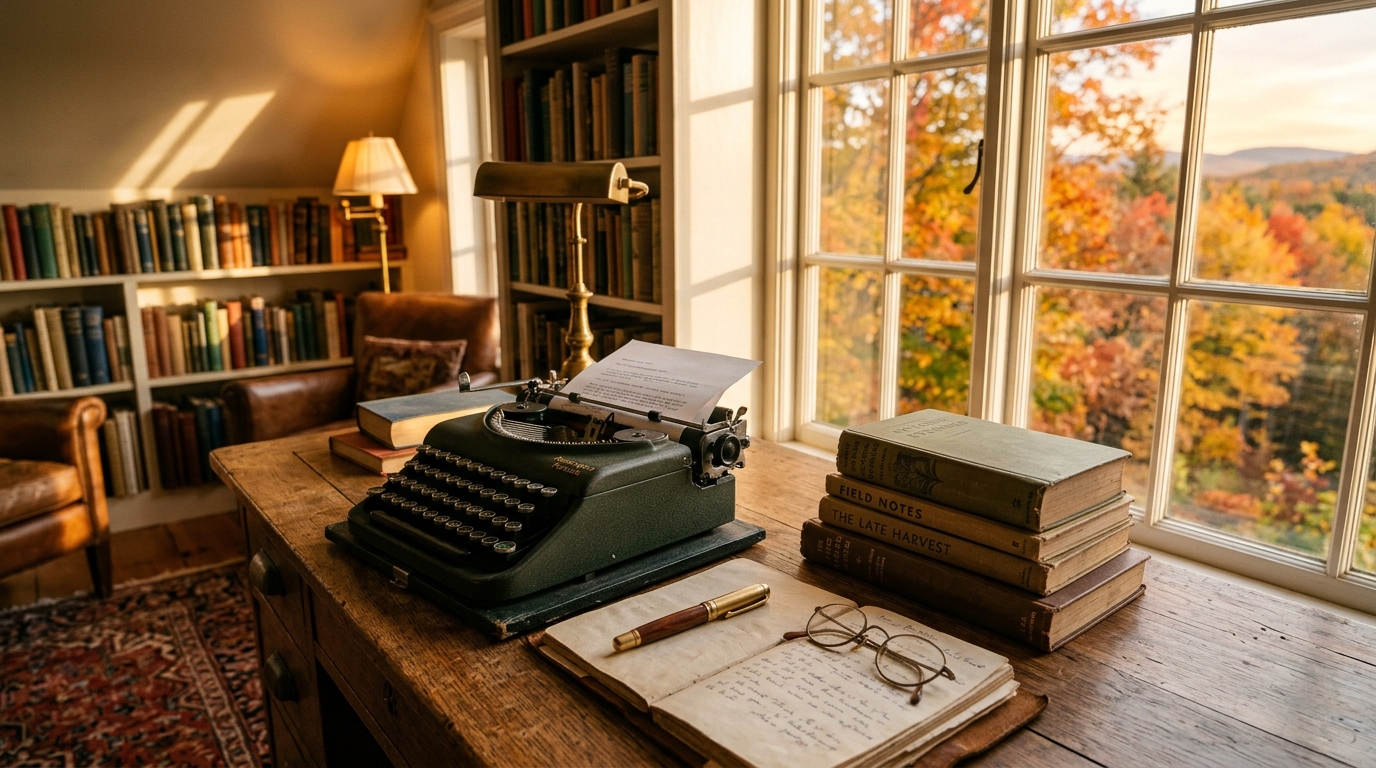Morning light across a vintage typewriter, reading spectacles, and clothbound volumes in homage to Nobel laureate Alice Munro.