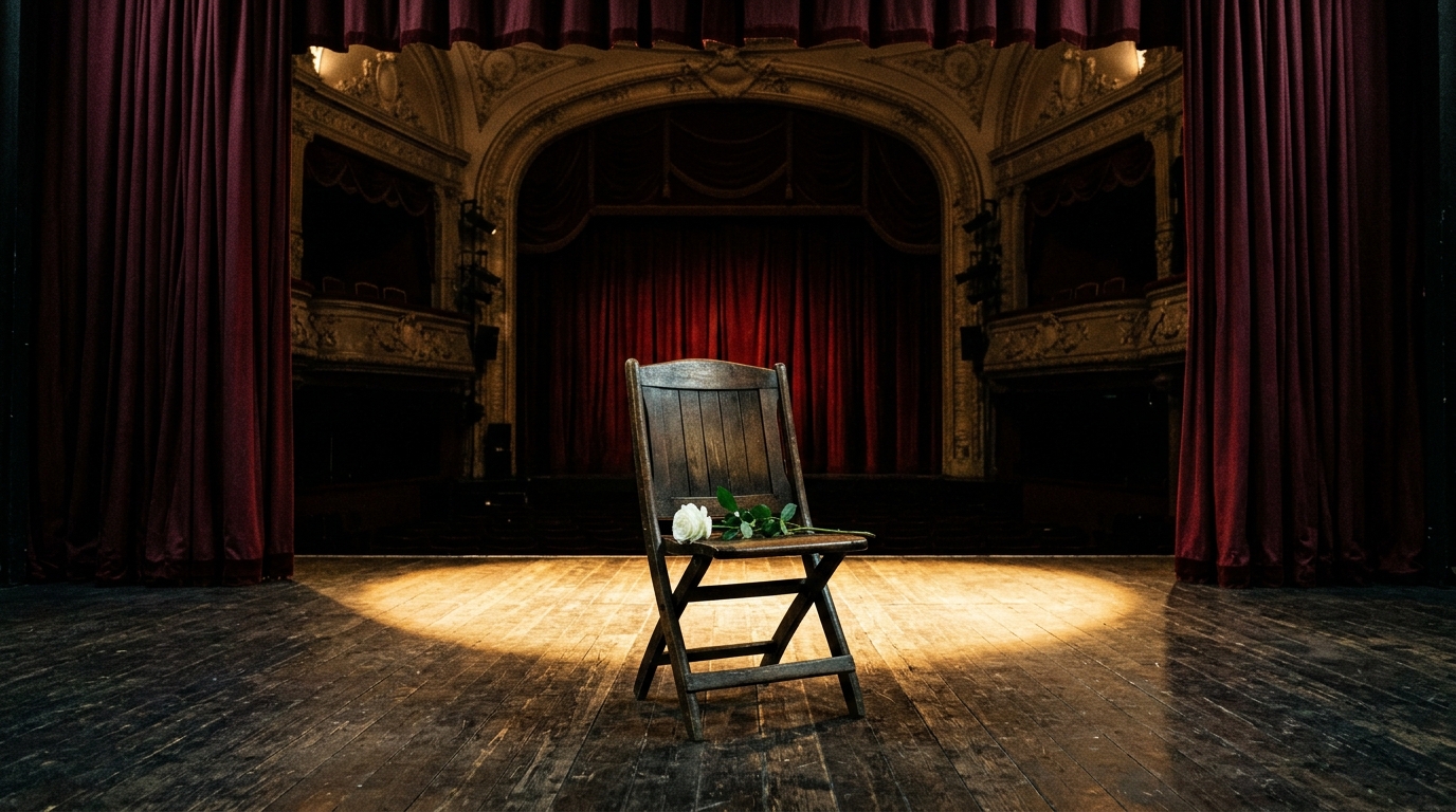 A single theatrical spotlight illuminates a white memorial rose in a historic West End playhouse honoring Dame Maggie Smith’s stage legacy.
