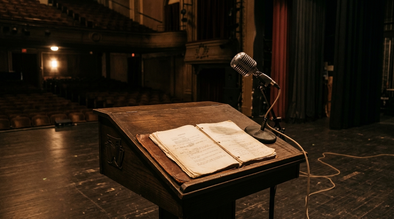 An open dramatic script and vintage broadcast ribbon microphone on a warm theatrical stage in tribute to James Earl Jones.